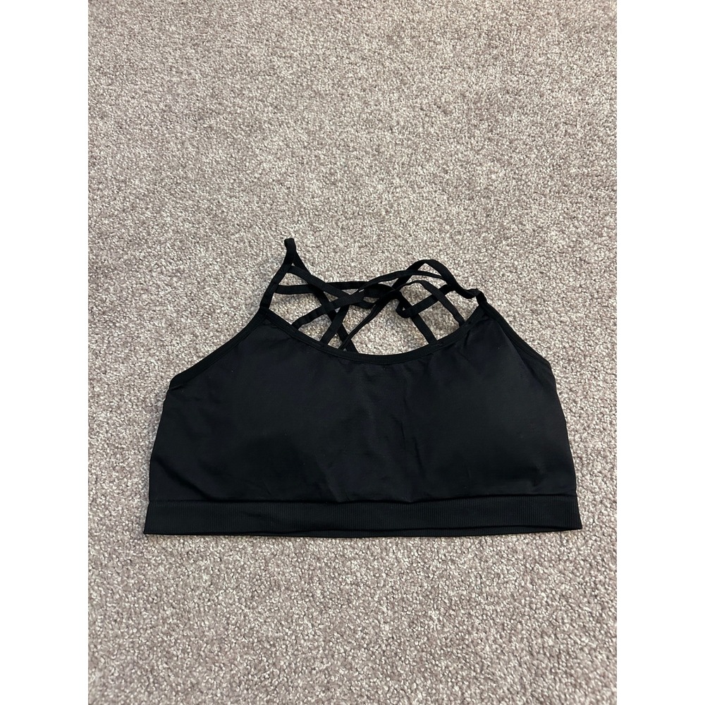 Madden NYC Sports Bra Womens XL Black Excellent Strappy Cage Neck Seamless